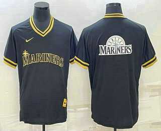 Men%27s Seattle Mariners Big Logo Black Gold Nike Cooperstown Legend V Neck Jersey